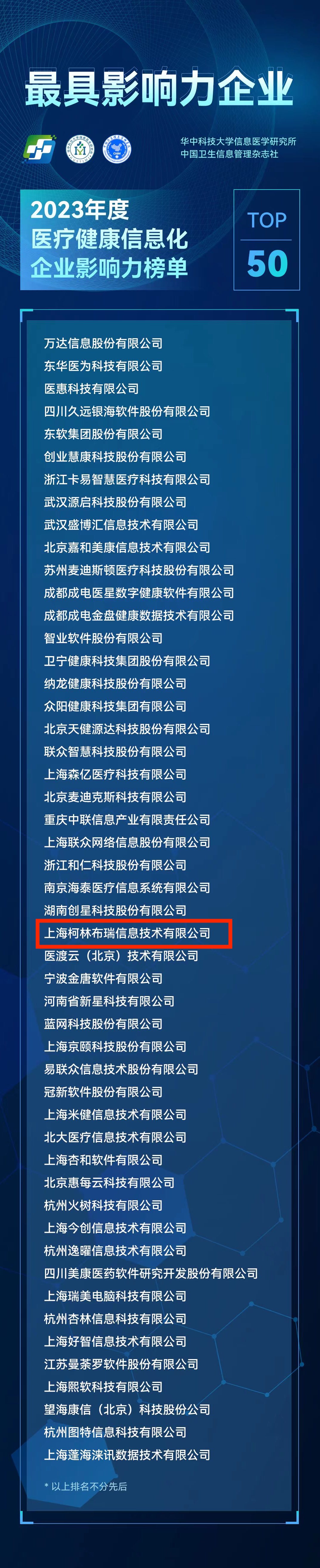 喜报TOP10丨柯林布瑞荣登2023年度医疗健康信息化企业影响力榜单(图2) 喜报TOP10丨柯林布瑞荣登2023年度医疗健康信息化企业影响力榜单(图2)